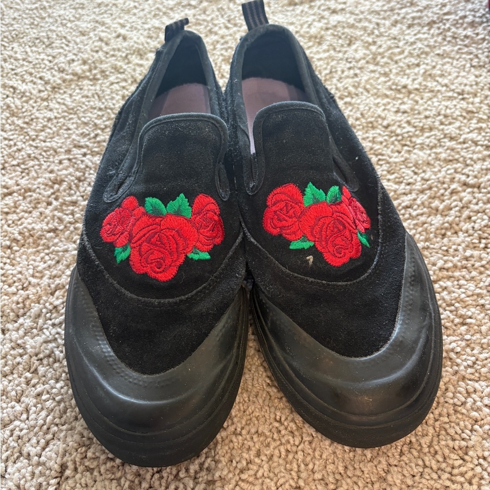 adidas Black Slip-On Loafers with Red Rose Embroidery